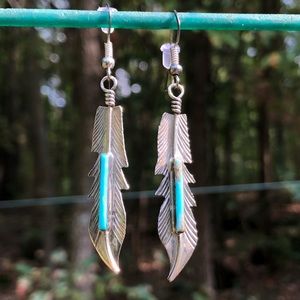 Navajo Sterling Feather Turquoise Earrings